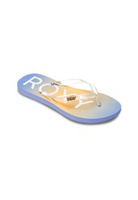 Roxy flip-flop med en gradient sula från blått till gult, klara remmar och en metall-logotyp som accent på fotdelen. Mjukt gummimaterial.