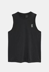 Canotta sportiva nera senza maniche realizzata in tessuto leggero. Presenta una scollatura arrotondata e un piccolo logo bianco sulla parte anteriore.