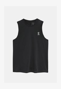 Camiseta deportiva negra sin mangas hecha de tela ligera. Presenta un cuello redondo y un pequeño logo blanco en el frente.