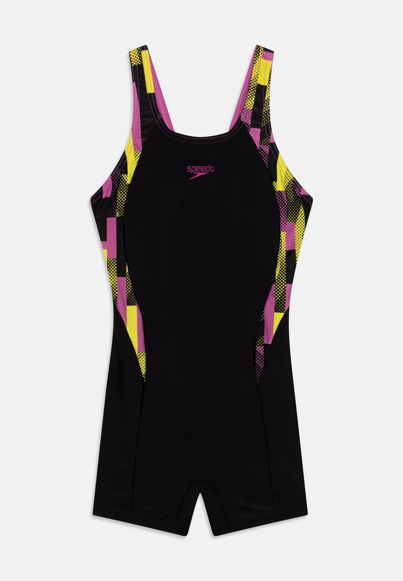 Speedo GIRLS PRINTED PANEL LEGSUIT - Maillot de bain - black/kiki pink/lemon drizzle