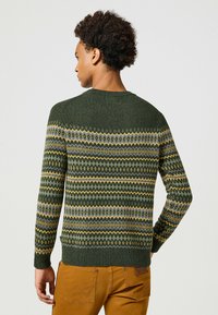 Zielony sweter robiony na drutach z wzorzystymi akcentami w kolorze żółtym, szarym i ciemnozielonym. Posiada okrągły dekolt oraz ściągacze przy mankietach i u dołu.