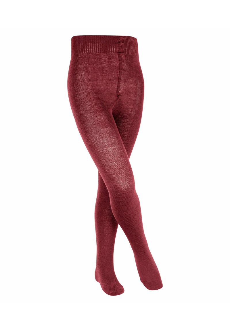 Collant bordeaux con vita a coste e una texture morbida, caratterizzati da una finitura liscia e una forma aderente che si estende fino alle caviglie.