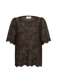 Blouse en dentelle marron foncé avec motif floral, manches courtes bouffantes et ourlet festonné, présentée sur fond blanc.