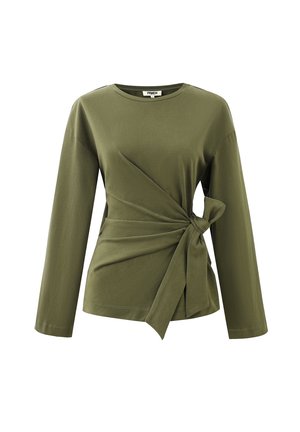 Olivgrünes Langarmoberteil mit rundem Halsausschnitt, verdrehtem Frontdesign und einem verstellbaren Bindeband in der Taille. Weicher Stoff mit angenehmer Haptik.