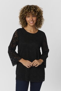 Black lace top with three-quarter bell sleeves, scalloped hem, and floral pattern. Lightweight material with a textured surface.