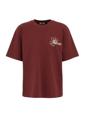 Bordo medvilninis marškinėliai trumpomis rankovėmis, su gėlių raštu ir žodžiu "ATRASK" baltu spalva ant krūtinės. Paprastas kirpimas ir tekstūra.