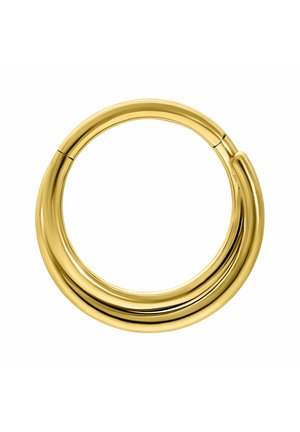 Thick polished gold hoop earring with a smooth, rounded surface and a hinge clasp on a white background.