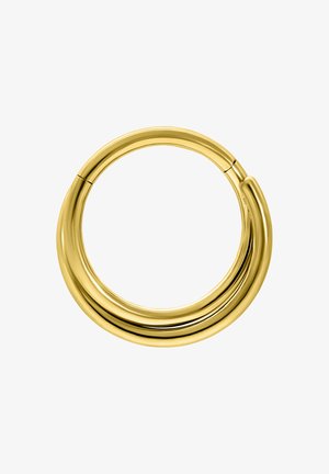 Thick polished gold hoop earring with a smooth, rounded surface and a hinge clasp on a white background.