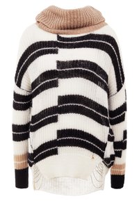 Maglione in maglia con collo a cascata, caratterizzato da righe orizzontali bianche e nere, una texture morbida e accenti marrone chiaro sul collo e sull'orlo.