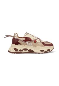 Chunky sneakers featuring a mix of cream, burgundy, and metallic gold materials. Soft mesh, suede accents, and patterned laces add texture.