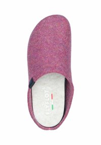 Pink felt slip-on slipper with a rounded toe and soft interior. Features a black brand tag and a logo printed on the insole.