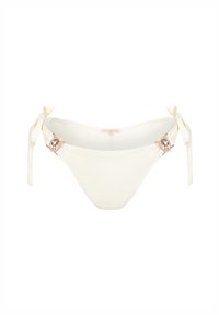 Parte inferior de bikini blanca con detalle de lazo en los lados, que presenta un acento decorativo en rosa dorado y una tela suave y lisa al tacto.