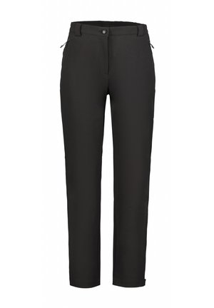 Zwarte rechte broek met riemlussen, sluiting met een knop aan de voorkant en ritszakken aan de zijkant.