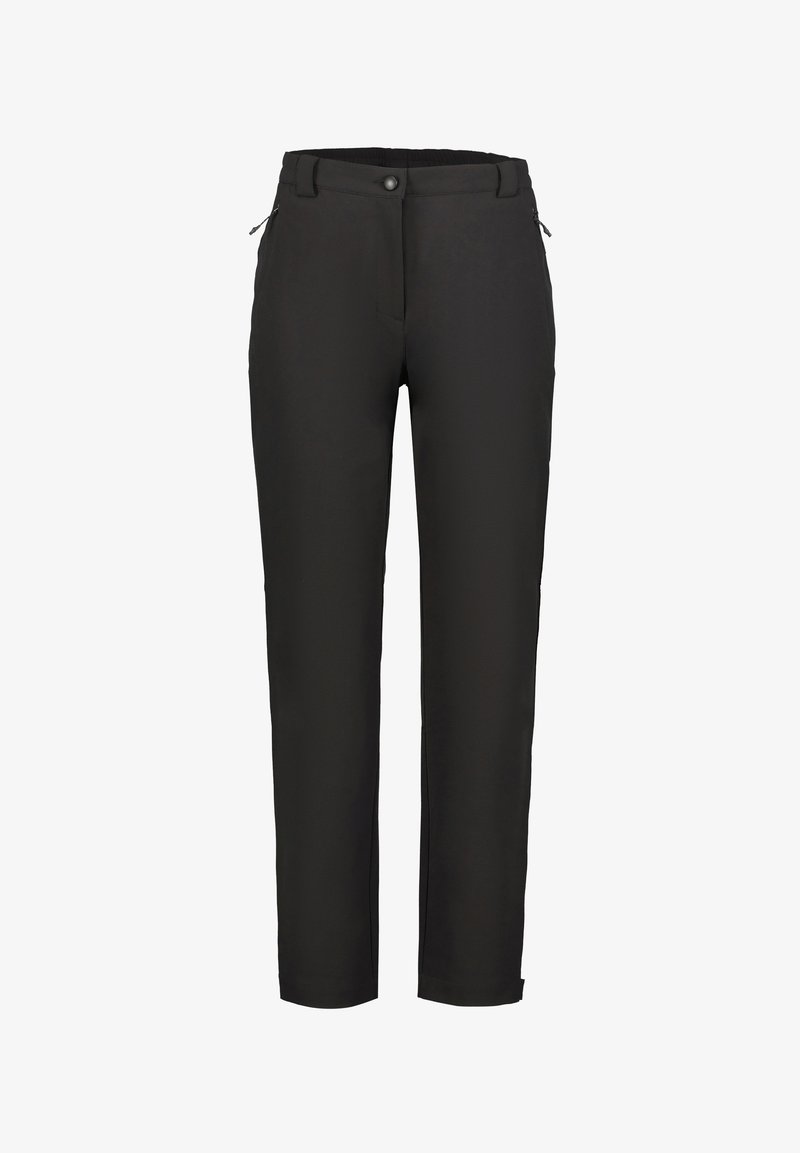 Svarta raka byxor med bälteshål, framknappsstängning och zippered sidofickor.