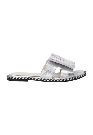 Silver leather slide sandal with two wide straps, textured finish, black and white striped sole, and a slight arch in the footbed.