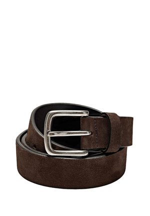 Dark brown suede belt coiled with a silver rectangular metal buckle and matching suede loop against a white background.