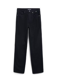 Jean en denim noir avec une coupe droite, comportant cinq poches, une fermeture à bouton et des détails de couture subtils. Tissu en coton durable.