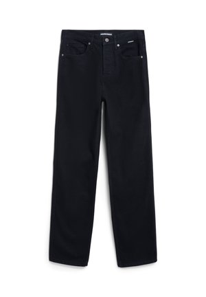 Black denim jeans with a straight-leg cut, featuring five pockets, a button fly, and subtle stitching details. Durable cotton fabric texture.