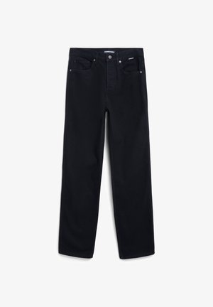Jean en denim noir avec une coupe droite, comportant cinq poches, une fermeture à bouton et des détails de couture subtils. Tissu en coton durable.