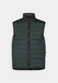 Gilet imbottito verde scuro con collo alto e zip frontale completa. Presenta tasche laterali e dettagli neri lungo i bordi.