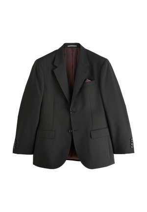 Giacca nera con due bottoni, rever a punte e due tasche frontali. L'interno foderato presenta un colore bordeaux. Tessuto strutturato.