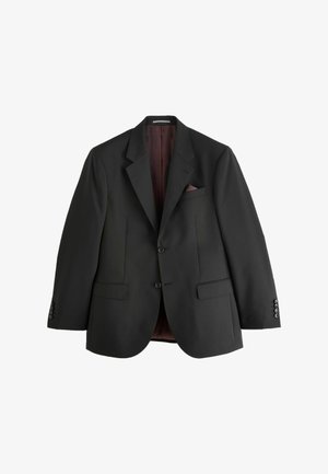 Veste noire à deux boutons, avec des revers crantés et deux poches avant. L'intérieur doublé est de couleur bordeaux. Tissu texturé.
