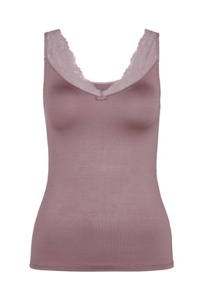 Light mauve tank top with a V-neckline, lace trim along the edges, and a small bow detail at the center, made from soft, stretchy fabric.