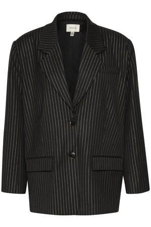 Black pinstripe blazer with silver lines, notched collar, two front pockets, two-button closure, and tailored fit. Textured fabric finish.