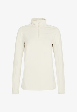 Lichtbeige langemouwen pullover met een hoge kraag en een half-ritssluiting; zachte, gladde textuur en minimalistisch ontwerp.