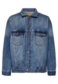 Denim jacket in light blue, featuring a collar, front buttons, two chest pockets, and visible stitching details along seams.