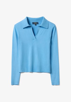 Jersey de punto azul claro de manga larga con cuello y abertura en forma de V profunda, dobladillo y puños acanalados, etiqueta de la marca visible en el interior del cuello.