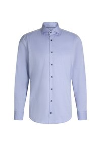 Camicia a maniche lunghe azzurro chiaro con chiusura a bottoni, colletto a punta e sette bottoni scuri, realizzata in un tessuto liscio e testurizzato.