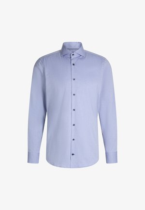 Helles blaues Langarmhemd mit einer Knopfleiste, einem Spread-Kragen und sieben dunklen Knöpfen, aus einem glatten, strukturierten Stoff.