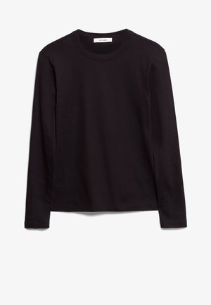 Schwarzes Langarm-T-Shirt mit Rundhalsausschnitt aus strukturiertem Stoff, mit geradem Saum und genähten Akzenten am Kragen und den Schultern.