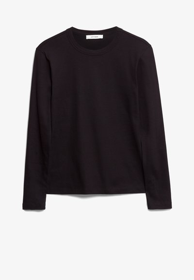 Musta pitkähihainen crew neck -t-paita, joka on valmistettu tekstuurista kankaasta. Tässä paidassa on suora helma ja ommellut yksityiskohdat kauluksessa ja olkapäissä.