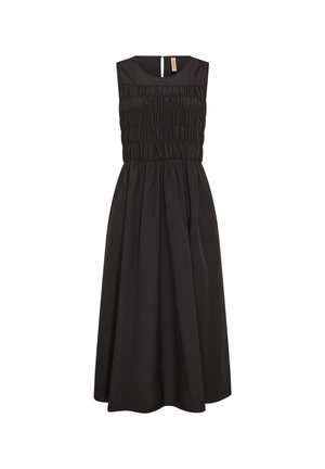 Schwarzes ärmelloses Kleid mit einem gerafften Oberteil, fließendem Rock und Schlüsselaugenverschluss hinten. Hergestellt aus einem leichten Stoff mit einer glatten Textur.