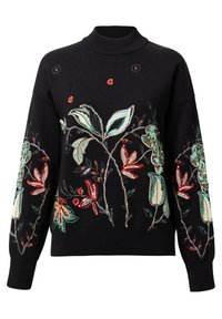 Maglione nero con un collo alto, caratterizzato da un vivace ricamo floreale in verde, rosso e oro, e maniche lunghe con polsini a costine.