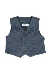 Gilet grigio strutturato con scollatura a V, quattro bottoni neri e fodera interna a contrasto. Presenta un orlo corto e nessuna manica.