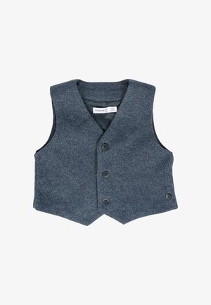 Gilet grigio strutturato con scollatura a V, quattro bottoni neri e fodera interna a contrasto. Presenta un orlo corto e nessuna manica.