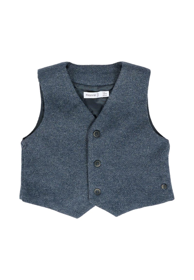 Gilet grigio strutturato con scollatura a V, quattro bottoni neri e fodera interna a contrasto. Presenta un orlo corto e nessuna manica.