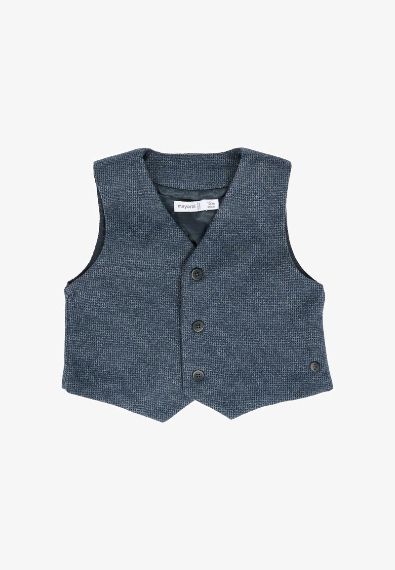 Gilet grigio strutturato con scollatura a V, quattro bottoni neri e fodera interna a contrasto. Presenta un orlo corto e nessuna manica.