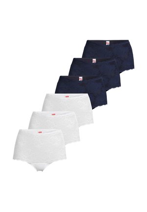 Tre hvide og tre marineblå blomstrede blonder højtaljede dameundertøj arrangeret i to diagonale rækker på en hvid baggrund.