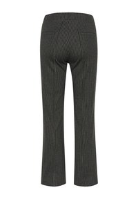 Gepersonaliseerde zwarte broek met fijne witte streepjes, uitlopende broekspijpen, middelhoge taille en twee achterzakken. Gladde stof textuur.
