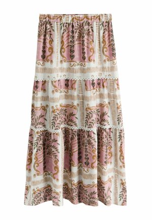Wielowarstwowa długa spódnica z elastycznym pasem, z wzorem różowych, beżowych i brązowych liści oraz ornamentów na białym tle.