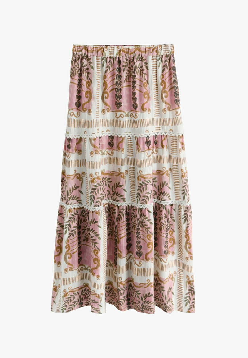 Jupe longue à étages avec taille élastique, présentant des motifs de feuilles et de volutes roses, beiges et bruns sur fond blanc.
