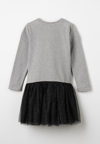 Šedé dlouhé šaty s dlouhým rukávem, které mají černou tylovou sukni se stříbrnými tečkami. Hladký vršek, nařasený pas a kulatý výstřih.