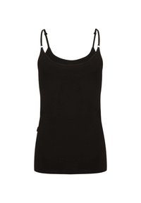 Schwarzes Tanktop mit verstellbaren Spaghetti-Trägern, runder Ausschnitt, weichem Material, enganliegendem Schnitt und ohne sichtbare Muster oder Verzierungen.