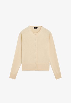 Cream-colored cardigan with long sleeves, round neckline, and a button-front closure. Made from soft, textured fabric with ribbed cuffs and hem.