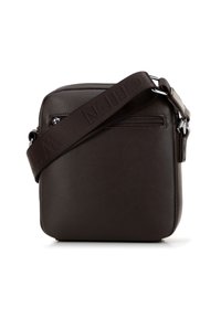 Borsa a tracolla in pelle marrone con forma quadrata, superficie texturizzata, tracolla regolabile e una piccola tasca esterna con zip sul retro.