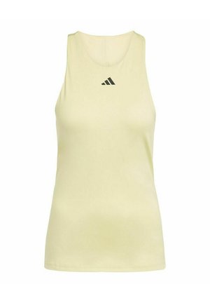Débardeur athlétique jaune clair sans manches avec un col rond haut et un petit logo adidas noir sur la poitrine.